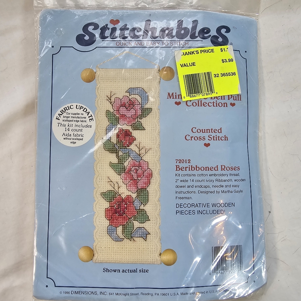 Vintage Stitchables Counted Cross Stitch Beribboned Roses Pink  Blue Door Hanger